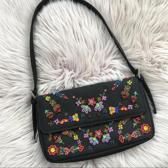 Vintage Handbags - Vintage Bead Embroidered Floral Black Shoulder Bag